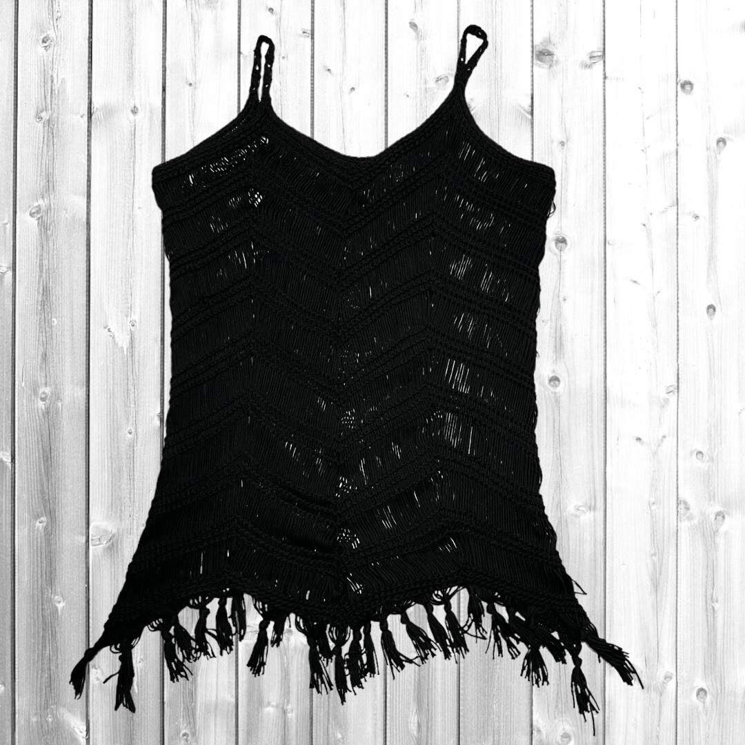 Forever 21 Women’s M Black Crochet Top Spaghetti Strap Tasseled Medium