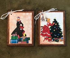5 New Wooden RETRO CHRISTMAS Ornaments Hang Tags Gift Tags HANDCRAFTED SET-1