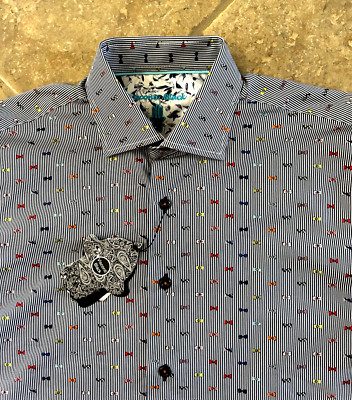 Luchiano Visconti Casual Shirt Mens S Navy Striped w/ Bowtie Print L/S $125 NWT