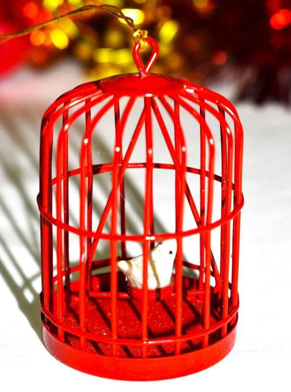 Vintage Dove Red Metal Bird Cage Christmas Tree Ornament Mid Century Modern MCM