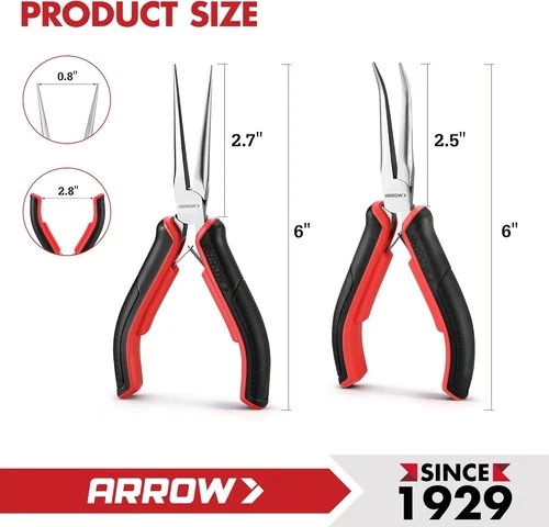 ARROW 2-Piece 6" Needle Nose Pliers Set Mini Long Nose Pliers & Bent Nose Pliers