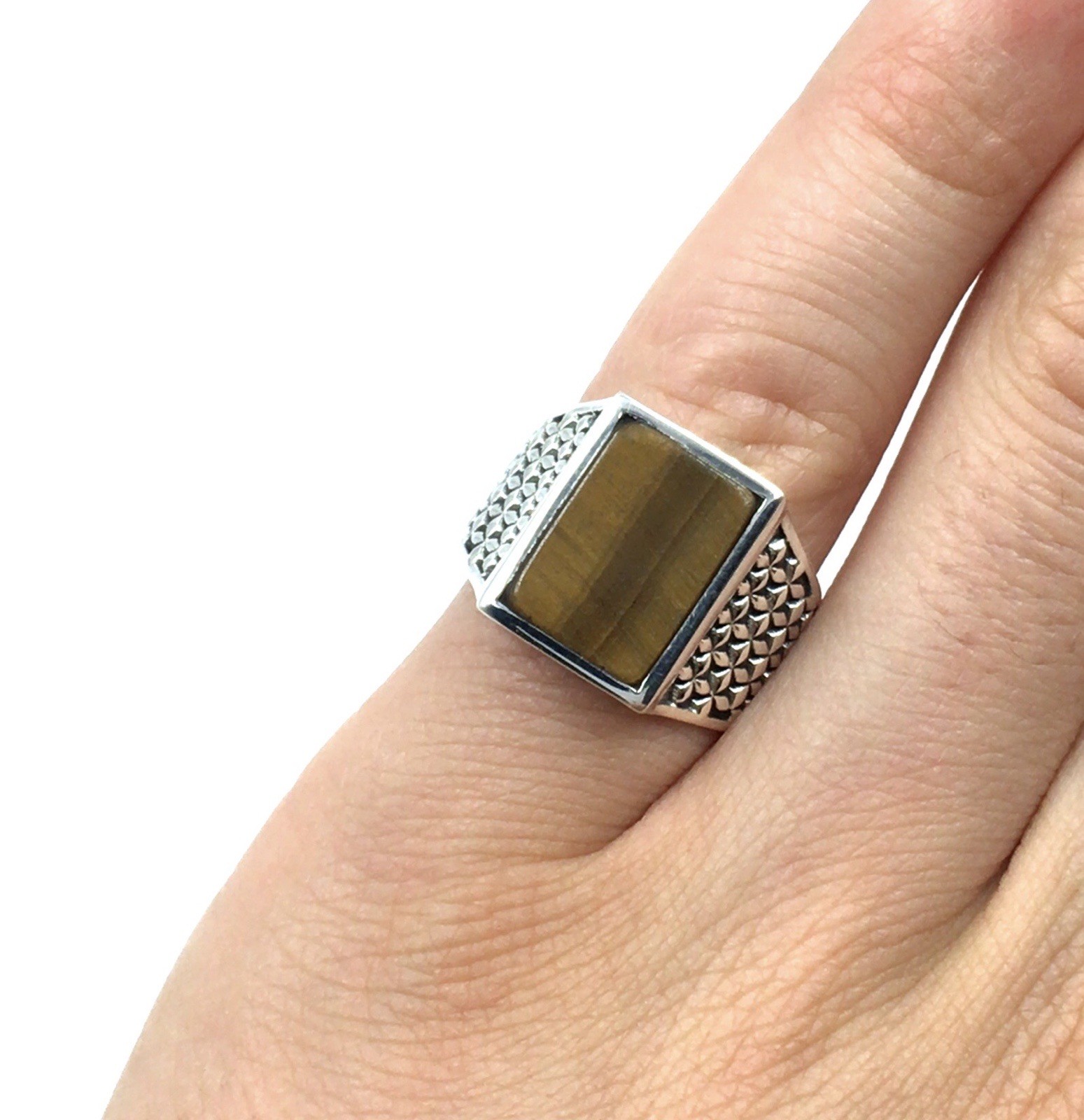 925 Silver Ring Tiger Eye Rectangular Signet Ring… - image 1