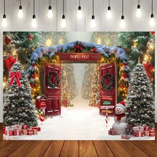 10x8ft Fabric Christmas Backdrop Winter Forest Wooden Barn Door North Pole Sn...