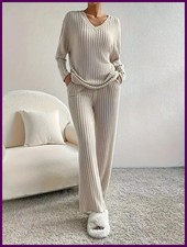 Women Homewear Set V Neck Ribbed Sweater Straight Leg Pants