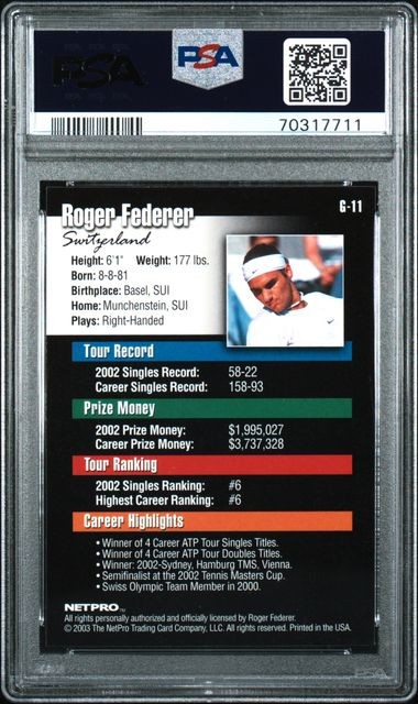 2003 Netpro ROGER FEDERER #G11 GLOSSY Rookie RC /5000 PSA 10 GEM MINT True RC view 2