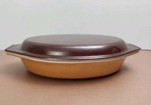 Vtg Pyrex Old Orchard Divided Casserole Baking Dish W/Lid 063 1qt Pumpkin/Brown
