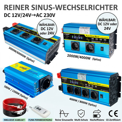 Rein Sinus Wechselrichter 12V 24V zu 230V 500W 2000W 4000W mit Schutzfunktionen