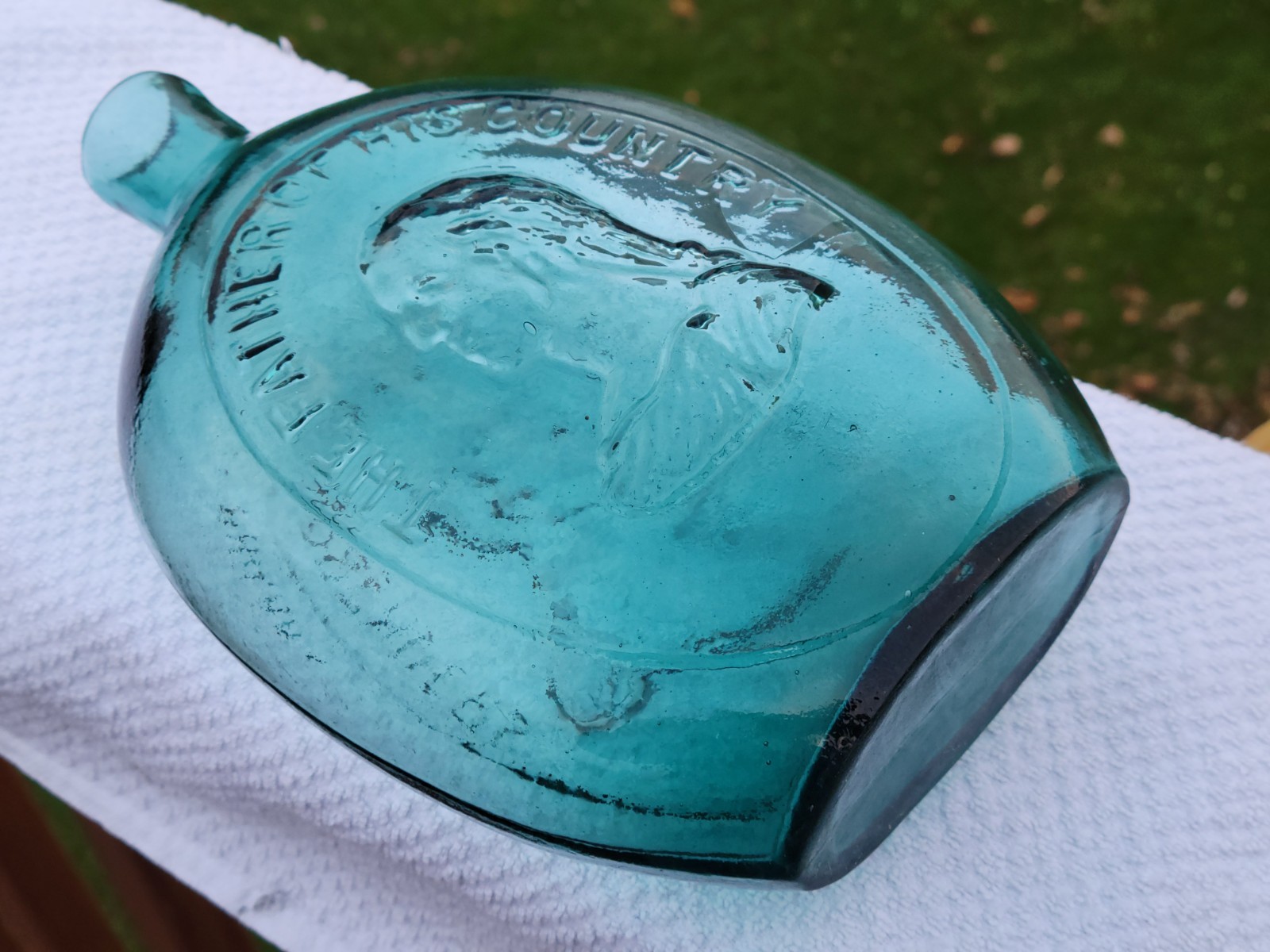 Old Rich Shaded Teal Dyottville Quart Washington Taylor Historical Flask Crisp