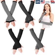 Women Punk Gothic Long Arm Warmers Striped Fingerless Gloves Winter Wrist Warmer