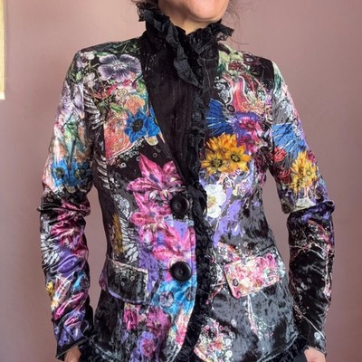 Vintage Y2K Velvet Blazer Jacket Lace Ruffle Multiprint Sz S Alberto Makali 