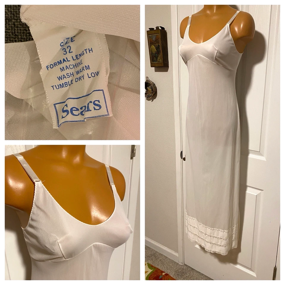 DE COLECCIÓN AÑOS 70 SEARS "THE DOES'T SLIP" BLANCO NIEVE CON ENCAJE FORMAL SLIP COMPLETO TALLA 32 XS Foto 2 de 4