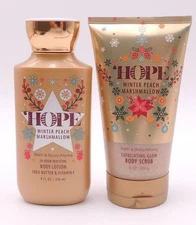 Lot BATH BODY WORKS HOPE WINTER PEACH MARSHMALLOW Exfoliating Body Scrub &Lotion
