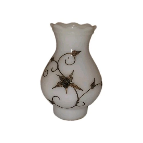 VTG Carl Falkenstein Hurricane Lamp Shade Ruffle Top Milk Glass Brass Design