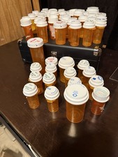 Large Lot of Empty Medicine Prescription Bottles And Caps Amber Assorted Sizes