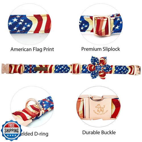 Elegantes Hundehalsband Little Tail Independence, Patriotisches Haustierhalsband mit Blume - Bild 2 von 5
