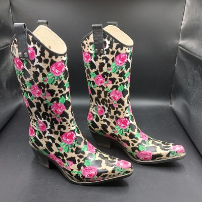 Nomad Rubber Rain Gardening Boots Cowgirl Pointed Toe Black Size 7 Cheetah Rose