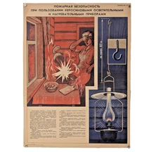 Fire Safety When Using Kerosene Lighting - Safety Vintage Poster /Soviet USSR