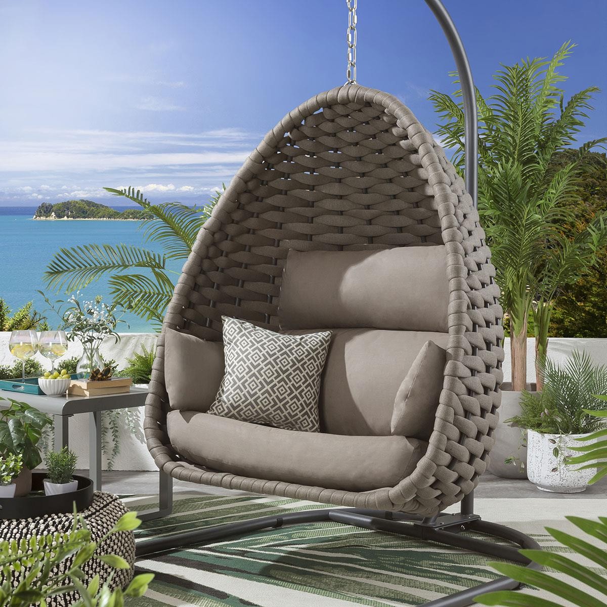 Modern Garden Hanging Egg Chair Natural Beige Premium Outdoor Rope