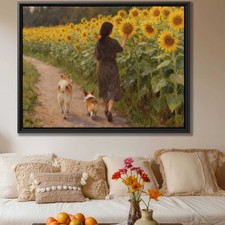 Floral Still Life Oil Painting Dog Shiba Inu Canvas Wall Art Sunflower Decor