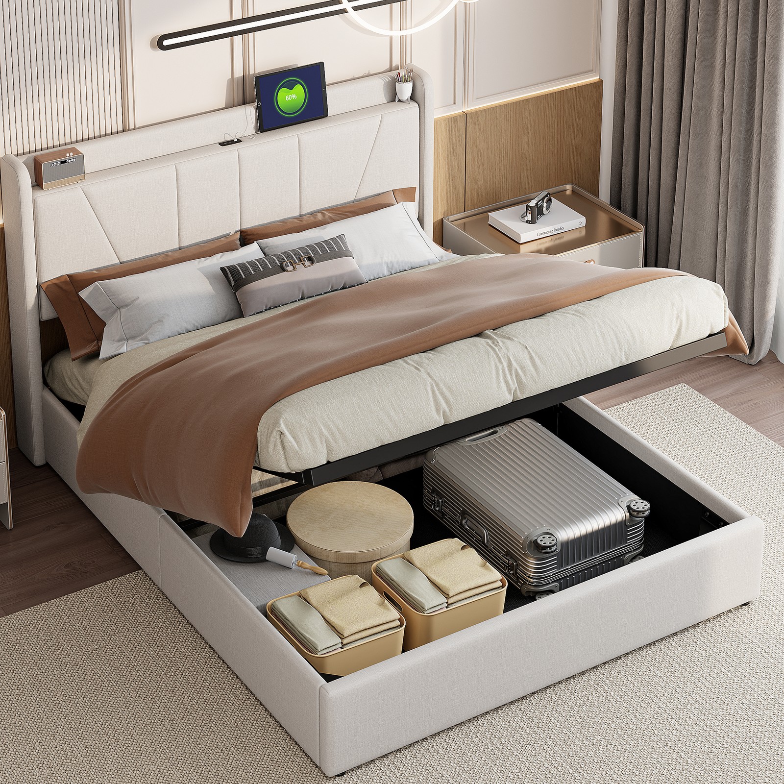 Lit double rembourré beige 160x200 cm en lin doux avec coffre de rangement