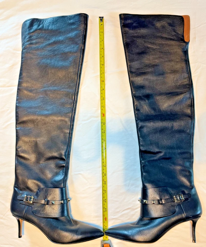 Valentino Sobre la Rodilla Rockstud Cuero Tachuelas Stilletto Botas Negras Talla 10/40 Foto 4 de 4