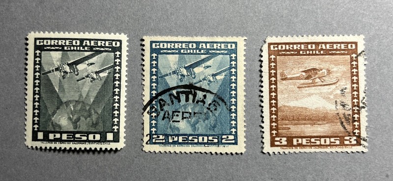 3 Chile Airmail Stamps , 1930’s , 1,2,and 3 Pesos , 1 Mint , 2 Used , LH