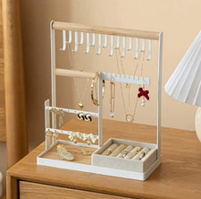 4 Tier Jewelry Stand Organizer with 10 Hooks Ring Tray - Necklace Holder White