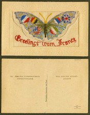 WW1 SILK Embroidered Old Postcard Greetings from France, Butterfly, Empty Wallet