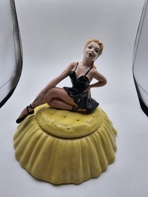 Vintage Mid Century  1950s Ballerina  Powder Jar Box with Puff pad Mallory style