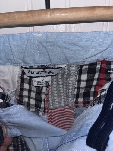 HARTSTRINGS Unisex SZ 7 Red Chambray Bermuda Shorts Patchwork Plaid 4th of July - Picture 3 of 5