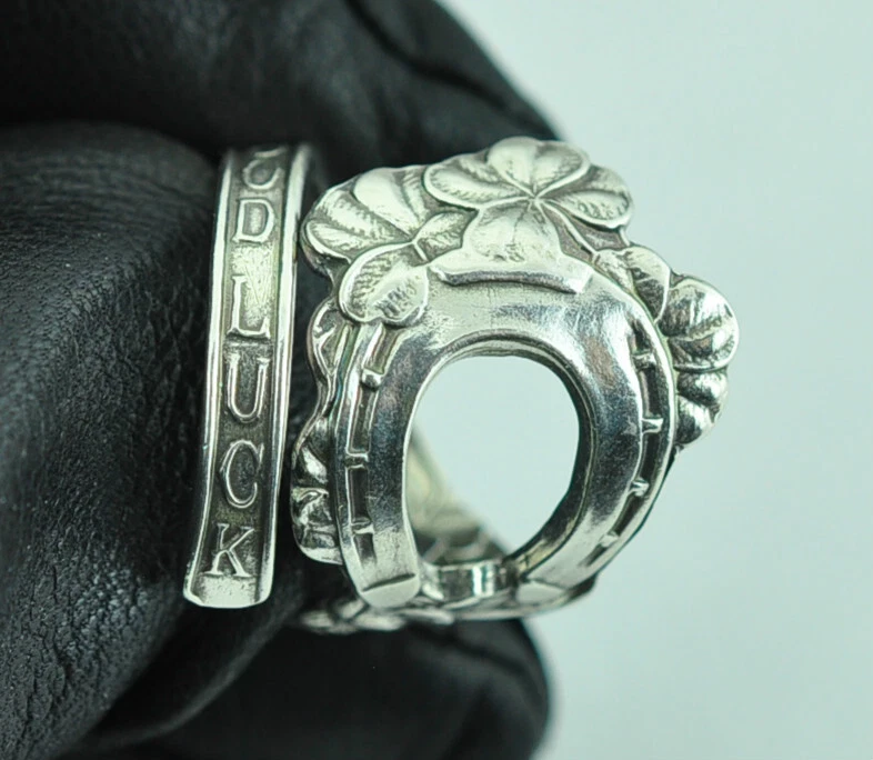 Твердое серебро 925 пробы четыре листа клевер подкова регулируемая ложка кольцо - Изображение 2 из 4