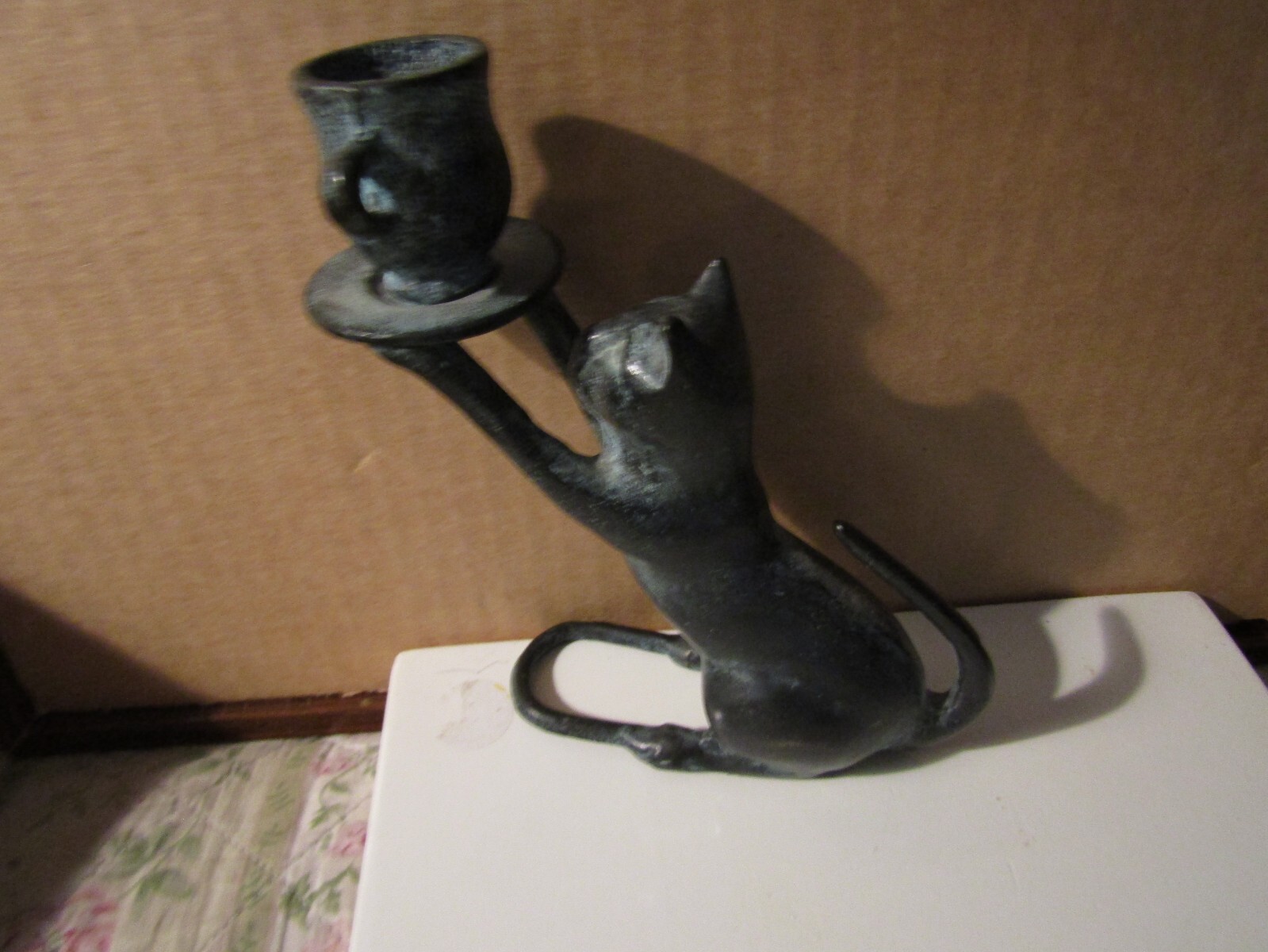 Vintage Bronze Cat Holding Cup Figure Candle Holder