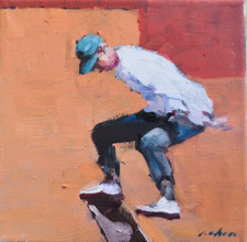 "Skateboard Young Man in White Sweatshirt 20x20x1.6cm Oil and on Canvas