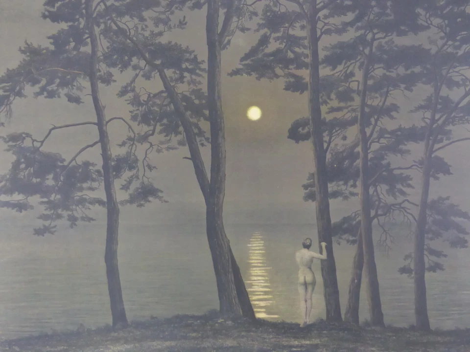 Rudolf Treuter Farblithografie Frauenakt "Bei Mondenschein" Teubner Verlag (51)