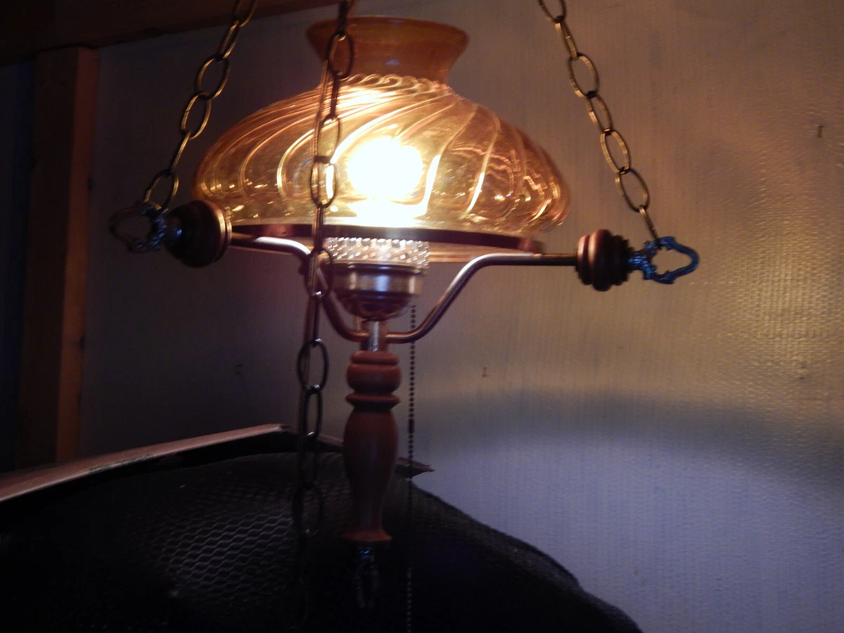 Vtg Mid Century Amber Glass Hanging Swag Lamp Light Works