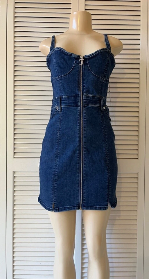 Juicy Couture JUNIORS DENIM SWEET HEART NECKLINE DRESS DARK WASH SPLIT SZ MEDIUM - Image 2 of 4