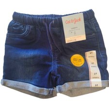Toddler Girls' Pull-On Jean Shorts, 3T Dark Blue, Rolled Hem,  Drawstring