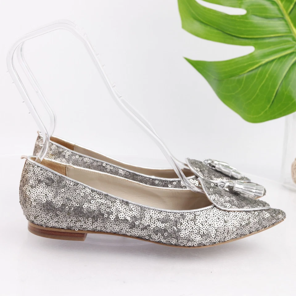 Boden Mujer Albertina Pisos Talla 37.5 6.5 Punta Plateado Metal Lentejuelas Borla Foto 4 de 4