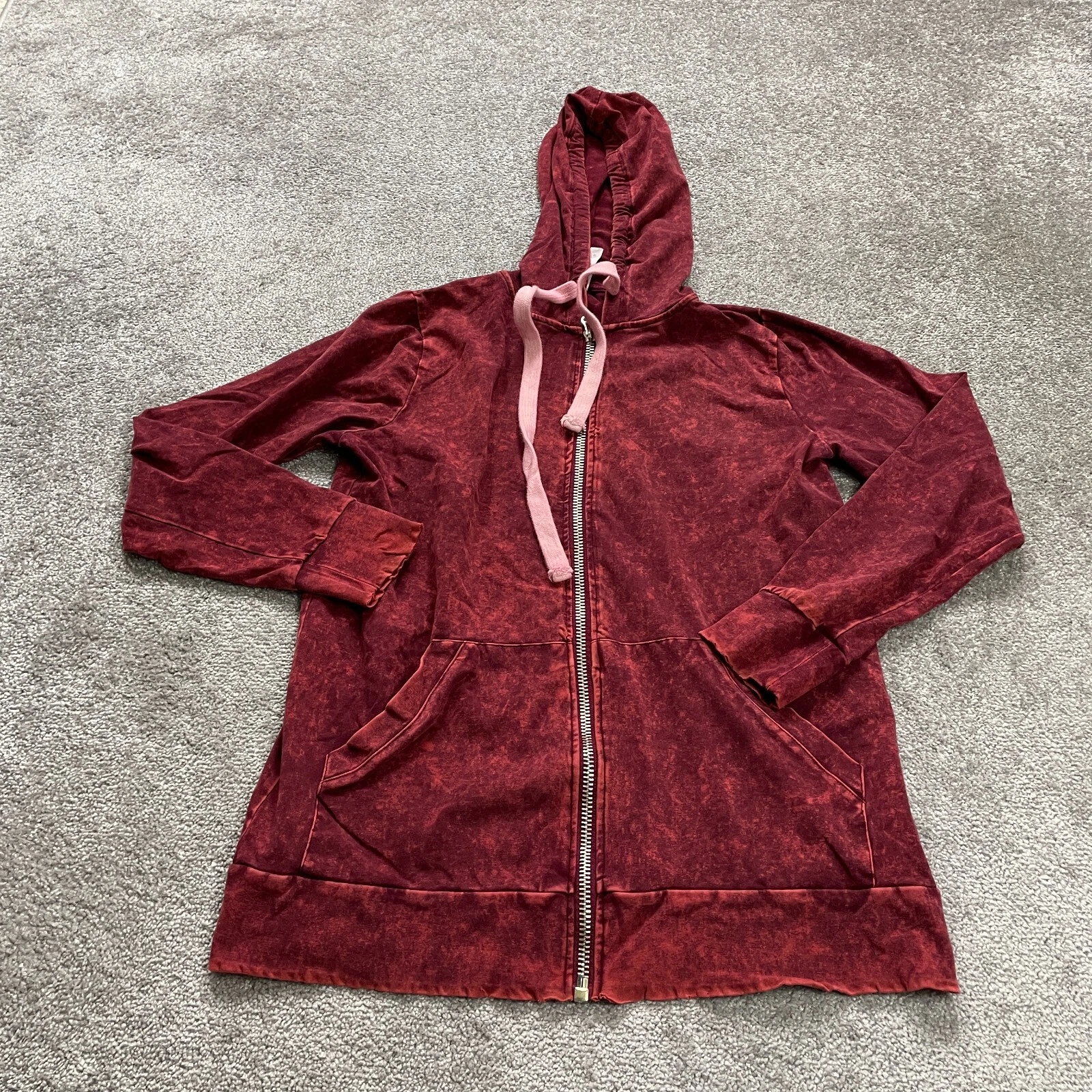 Zenana Signature Full Zip Hoodie Sweatshirt Men Medium Red Washed Casual Stretch