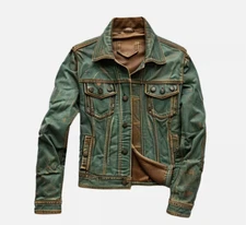 Trucker Leather Jacket For Men Real Lambskin Vintage Style Leather Jacket Green