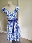 ANTHEA CRAWFORD Floral A-line Fit & Flare Dress Size 8 Blue White Ribbon Waist