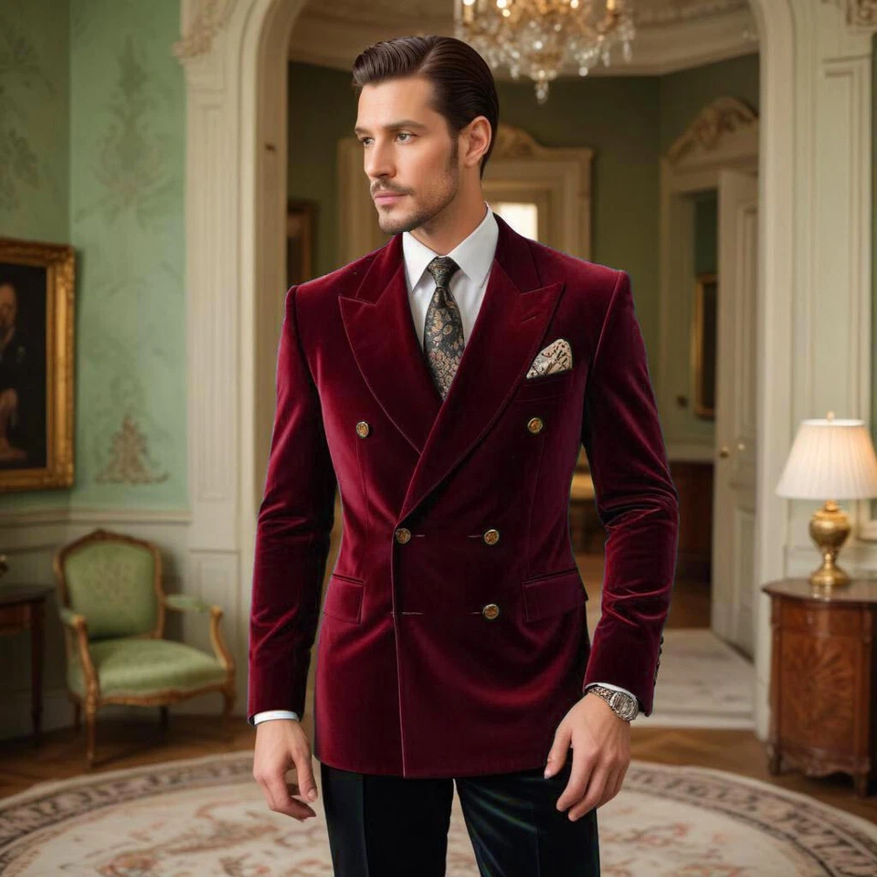 Men's Double Breasted Blazer Velvet Slim fit Jacket Elegant Party Wear Coat - Image 3 of 4