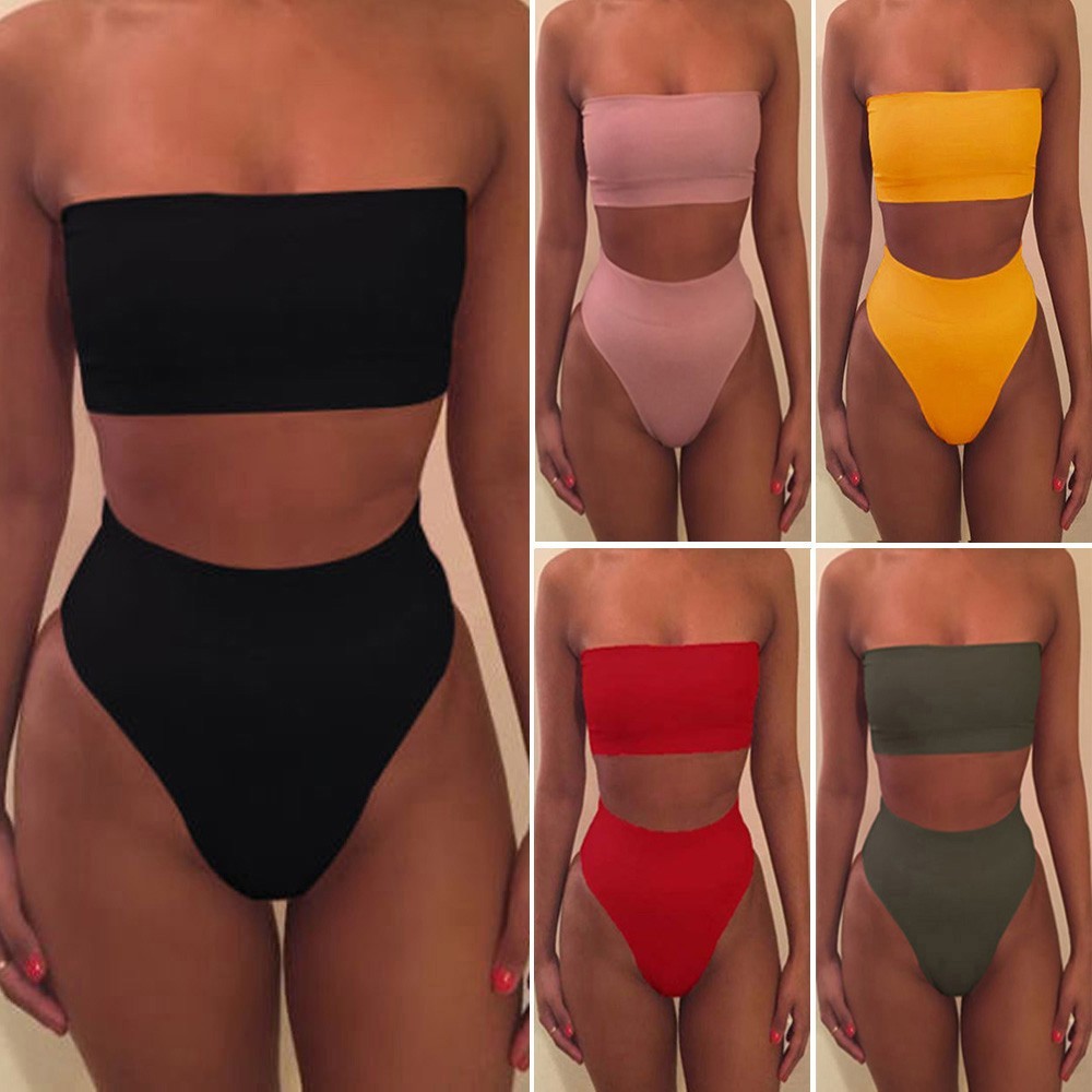Sexy conjunto de bikini de tubo para mujer color liso 2 piezas traje de baño sin almohadilla para el pecho
