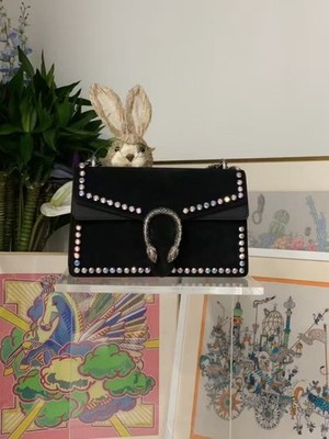 Authentic Gucci Dionysus Small Crystal Embellished Suede Shoulder Bag Black Auth
