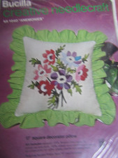 BUCILLA Vintage ANEMONIES Flowers ACCENT PILLOW Embroidery Kit - 1970's