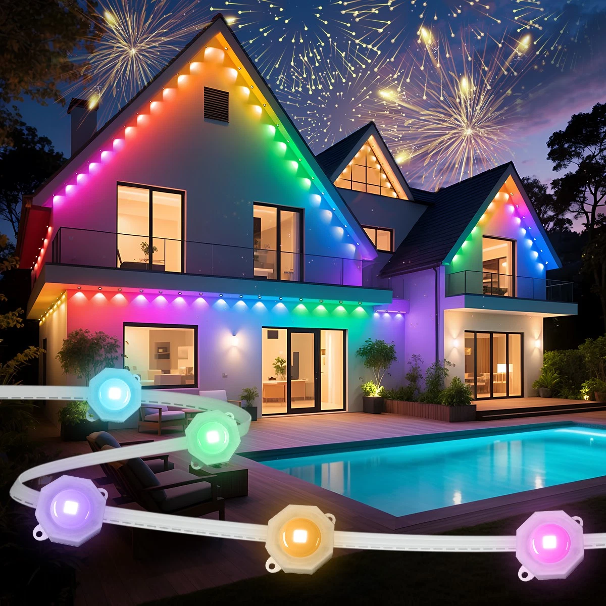 50ft Smart Permanent Outdoor Lights for House 30 RGB+IC LEDs Decor Light IP67
