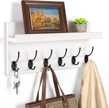 HRONRAD Shelf with Hooks, Coat Rack Wall Mount with 6 Double Metal Hooks, 17 ...