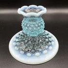 Vintage FENTON Glass Blue Opalescent Hobnail Candlestick Holder