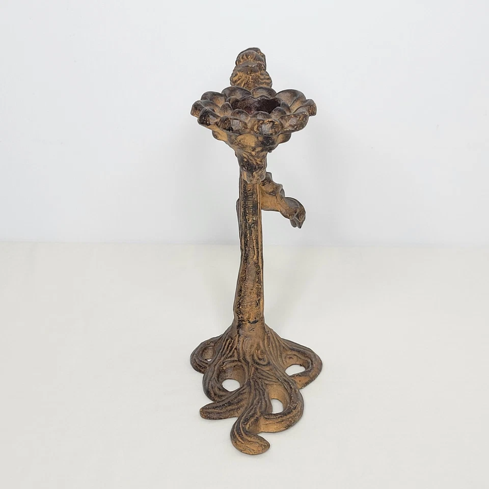 Metal Rust Colored Bird on Branch With Flowers Taper Candlestick Holder - Image 4 of 4