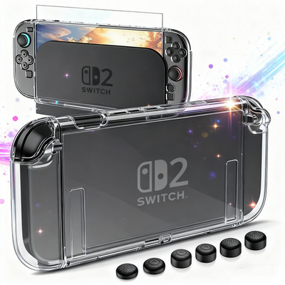 Clear Case for Nintendo Switch 2 with Screen Protector,PC Protective,Thumb Grips